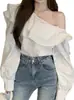 Blusa franzida ombro a ombro para mulheres, nova e estilosa para primavera e outono de 2026, manga longa, estilo francês, top curto elegante