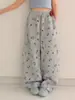 Pantalones de chándal para niña con estampado de dibujos animados estilo coreano, nuevos para primavera y otoño, holgados, de cintura alta, pierna ancha, con lazo, pantalones largos casuales
