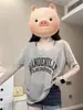 Blusa Casual Estampada de Manga Curta Estilo Coreano Plus Size para Mulheres, Camiseta de Verão Estilo College, Caimento Solto para Cobrir Figuras Curvilíneas
