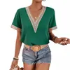 2023 Comércio Exterior Transfronteiriço Amazon Aliexpress Novo Estilo Renda Manga Curta Chiffon Blusa para Mulheres