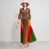 Vestido Plisado Vintage Estilo Francés con Solapa Otoñal, Mangas Acampanadas, Degradado Floral, Dobladillo Amplio Plisado, Falda Larga para Mujer, Directo de la Fábrica Fuente