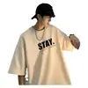 Camiseta masculina de algodão puro estilo americano, estilo high street, estampa de letras da moda, manga curta, estilo japonês, simples, para combinar
