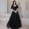 Vestido de Noite Preto para Mulheres Verão Novo Manga Bufante Longo Cerimônia de Debutante Host de Banquete Passarela Vestido de Nicho