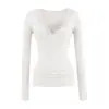 Top de encaje sexy para mujer con escote en V profundo, estilo nuevo de otoño e invierno, cintura plisada, aspecto adelgazante, estilo Pura Lustre, camiseta con borde ondulado