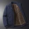 Jaqueta com forro de fleece transfronteiriça para homens, casaco de algodão espesso para outono e inverno, gola bomber, corte casual solto, tamanho grande, à prova de vento para homens de meia-idade