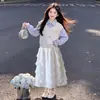 Conjunto de Moletom Doce Estilo Coreano para Meninas com Saia de Bolo com Renda nos Punhos e Gola - Casual para Primavera e Outono
