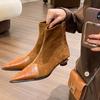 Botines de mujer con costuras retro de punta 2024 otoño e invierno forrados de vellón Xiao Mao con botas delgadas elásticas marea