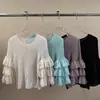 Camiseta Miyake para Mujer, Nuevo Diseño Primavera y Verano con Mangas Acampanadas, Cuello Redondo, Corte Holgado, Color Sólido, Top Sencillo y Versátil, Elegante
