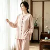Roupa de Casa Feminina 2026 Primavera/Outono Novo Gola Alta Botão de Sapo Manga Longa Calça Longa Algodão Linho Respirável Solto Confortável Pijama