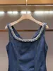 Vestido-colete Jeans de Verão Novo de Alta Qualidade para Mulheres, Moda Francesa Elegante com Detalhes de Diamante e Decote Quadrado