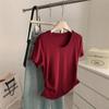 Camiseta Elegante Japonesa Huevo de Ganso Clavícula Adelgazante Cintura Fruncida Hombro Corto Manga Corta Top para Mujer Verano 2025