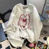 Moletom com Gola Redonda Estampa de Coelho Coração para Mulheres Floral Cinza Estilo Preguiçoso Outono e Inverno Veludo Espessado Solto Tendência