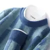 Novo suéter de lã masculino outono e inverno, gola alta, listras verticais, blocos de cor, manga longa, estilo britânico vintage, peça base moderna e quente