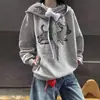 Sudadera con cuello redondo y cordones a cuadros con bordado de perro estilo americano para mujer, Nueva colección Otoño/Invierno 2026, Forro polar, Estilo holgado y casual