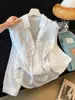 Nova Camisa Cinza de Manga Longa com Gola Reversível, Corte Solto Emagrecedor para Mulheres, com Design de Cintura Marcada A13665