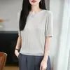 Top base de punto fino estilo coreano para mujer, suave y transpirable, de Lyocell, corte holgado, con rayas verticales, cuello redondo, manga corta, venta al por mayor