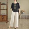 Conjunto de Dos Piezas de Verano Suelto Bordado de Manga Corta Retro de Algodón y Lino Talla Grande Adelgazante para Madres de Mediana Edad: Top y Pantalones de Pierna Ancha
