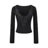 Camiseta Sexy de Renda com Decote em V Profundo e Manga Longa Estilo Puro Desejo Camisa Base Justa Sexy Top Curto Sexy para Usar por Baixo