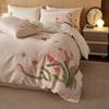 Otoño e Invierno Nuevo Juego de Cuatro Piezas de Algodón 100S Lijado Niña Algodón Bordado Cubre Edredón Grueso Ropa de Cama Verde Rosa