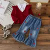 Conjunto de Dos Piezas para Bebé y Niño Pequeño de Punto Acanalado con Retazos y Mangas Volantes + Jeans Bordados de Fresa - Nuevo Primavera y Otoño Transfronterizo Europeo y Americano
