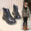 Botas Cortas para Niñas Estilo Británico Doc Martens Infantiles Suela Suave Botas de Piel Negra Nuevas para Otoño e Invierno Botas de Algodón
