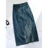 Saia Jeans com Barra Irregular Cortada Média Feminina 2025 Outono Efeito Emagrecedor Cintura Alta Nova Roupa Feminina Cobrindo a Medida