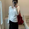Top de punto acanalado para mujer, estilo retro coreano, con cuello henley, manga larga, para primavera y otoño, con botones metálicos y cierre de media botonadura, camiseta básica casual