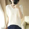 Camiseta de Punto de Manga Corta para Mujer 2022 Verano Nueva Llegada Moda Camiseta de Media Manga Estilosa Adelgazante Moda Escote en V Top Básico