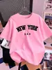 Camiseta Europeia de Tamanho Transfronteiriço com Estampa da Cidade de Nova York Emipure para Mulheres, Camiseta de Algodão de Manga Curta para o Verão, Gola Redonda, Confortável
