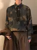 Camisa retro estilo chino con estampado floral de manga larga para hombre y mujer, primavera y otoño, elegante y fresca, corte holgado, color azul