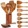 Espátula de Madera de Acacia Hoja Pequeña Transfronteriza, Espátula de Cocina, Cuchara para Sopa, Espátula de Madera, Juego de Utensilios de Cocina de Madera de Teca, Madera