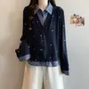 Cardigan Tricotado Falso Duas Peças Tamanho Grande Ombro Normal Bordado Xadrez Manga Longa Casual para Mulheres Versátil Estilo Novo Outono