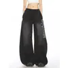 Calça de Moletom Wide-Leg Biggold Estilo Retrô Americano com Estampa de Letras Desgastadas para Mulheres, Calça Reta Versátil Casual Solta para Mulheres