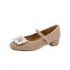 Versión de Piel de Oveja~2026 Hebilla de Diamante Punta Cuadrada Pequeña Forro de Terciopelo Correa Única Cálidas Adelgazantes Tacón Grueso Zapatos Mary Jane para Mujer Primavera y Otoño
