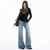 Laranja jovem # Design de cintura traseira ajustável, jeans ligeiramente flare para mulheres, caimento solto, emagrecimento, estiloso, moderno e versátil, calça de comprimento total