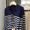 25 Nuevos Estilos de Otoño e Invierno ~ ¡Simples y a la Moda! Yodo Sol de Mar Jersey de Rayas Horizontales Solapa Francesa Manga Larga Camisa Top para Mujer