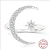Anillo de Plata de Ley S925 Luna Creciente para Mujer, Anillo Abierto Luna y Estrella, Anillo de Dedo Índice de Moda de Lujo Ligero Popular Transfronterizo Europeo y Americano