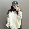 Sudadera de moda con bloques de color y cuello polo para mujer, forro polar para otoño e invierno, chaqueta cálida y versátil con cremallera