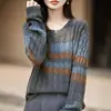 Suéter de Punto a Rayas con Bloques de Color Estilo Coreano 2026 para Mujer Manga Larga Cuello Redondo Holgado Jersey Cárdigan Temperamento Rejuvenecedor Top Único