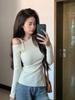 Camiseta de Punto de Manga Larga con Hombro de Cuello Oblicuo para Mujer Otoño e Invierno Interior Ajustado Adelgazante Base Elegante Top Sexy para Chicas Calientes