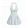 Vestido de Playa de Vacaciones Estilo Americano Transfronterizo Nueva Moda Chica Picante, Elegante y con Estilo Vestido Corto de Línea A con Rayas, Cuello Halter en V