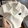 Estilo Puro Top Curto Gatinho Feminino Camiseta Gola Polo Slim Ombro Direito Manga Curta Puro Sedutor Doce Menina Barra Assimétrica