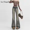 Jeans Bootcut Azules Nostálgicos con Remaches para Mujer Tendencia Otoño e Invierno 2025 Pantalones de Pierna Ancha Ajustados de Cintura Alta Nuevos Retro