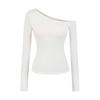 Camiseta de una pieza ajustada para chica atractiva con almohadilla en el pecho, hombro asimétrico, manga larga, top corto femenino, pura lujuria, camiseta de base sin hombros