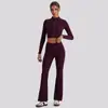 Conjunto de Yoga Feminino com Gola Alta, Zíper, Mangas Longas, Conjunto de Duas Peças, Calças Levemente Flare, Alta Elasticidade, Secagem Rápida, Conjunto Fitness Pilates para Exterior