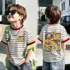 Camiseta de Verano Nueva de Algodón Puro para Niños, Rayas, Manga Corta, Cuello Redondo, Estilo Coreano, Holgada, Casual, Elegante, Versátil, Top Estampado