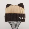 Chapéu de Tricô Fofo com Blocos de Cor de Botão e Orelhas de Gato para Mulheres Outono Inverno Emagrecimento Facial Chapéu Quente de Lã Circunferência da Cabeça Grande Chapéu de Proteção para as Orelhas