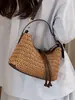 Bolsa de Palha Tecida em Cor Contrastante para Mulheres, Nova Coleção Primavera e Verão 2026, Feita à Mão, Tecida, para Férias, Ombro, Transversal, Bolsa Dumpling, Bolsa de Mão