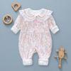 Macacão infantil estilo western com lapela floral para menina, macacão de duas camadas estiloso estilo princesa, roupa de exterior da moda para 100 dias