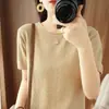 Top de Punto de Algodón Puro con Cuello Redondo y Borde Enrollado, Manga Corta, Diseño de Diamantes, Holgado, Talla Grande, Moderno y Delgado para Mujer, Primavera/Verano 2026